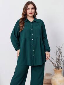 Graceveil 2pcs Plus Size Solid Color Button Front Long Sleeve Casual Elegant Pants Set, Casual 2 Pieces Outfits Co-Ords, For Travel/ Casual/Home/Holiday 2 Pieces Set Modest Fall Cloth For Women | SHEIN