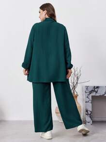 Graceveil 2pcs Plus Size Solid Color Button Front Long Sleeve Casual Elegant Pants Set, Casual 2 Pieces Outfits Co-Ords, For Travel/ Casual/Home/Holiday 2 Pieces Set Modest Fall Cloth For Women | SHEIN