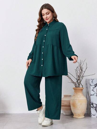 Graceveil 2pcs Plus Size Solid Color Button Front Long Sleeve Casual Elegant Pants Set, Casual 2 Pieces Outfits Co-Ords, For Travel/ Casual/Home/Holiday 2 Pieces Set Modest Fall Cloth For Women | SHEIN