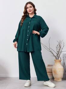 Graceveil 2pcs Plus Size Solid Color Button Front Long Sleeve Casual Elegant Pants Set, Casual 2 Pieces Outfits Co-Ords, For Travel/ Casual/Home/Holiday 2 Pieces Set Modest Fall Cloth For Women | SHEIN