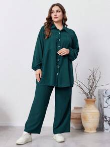 Graceveil 2pcs Plus Size Solid Color Button Front Long Sleeve Casual Elegant Pants Set, Casual 2 Pieces Outfits Co-Ords, For Travel/ Casual/Home/Holiday 2 Pieces Set Modest Fall Cloth For Women | SHEIN