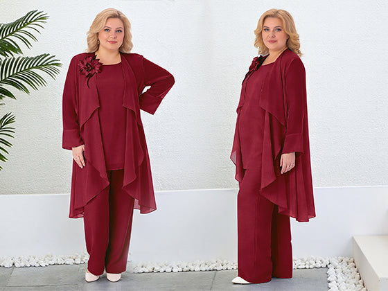 Cicinia Chiffon Dusty Rose Mother Of The Bride Pant Suits 2 Pieces Plus Size V-neck