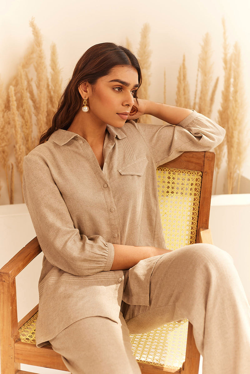 Beige Linen Shirt Set