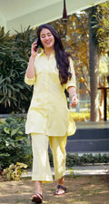 Bougainvillea Cotton Chambray Kurta Set - Butter Yellow | Premium Quality | Prim Ora