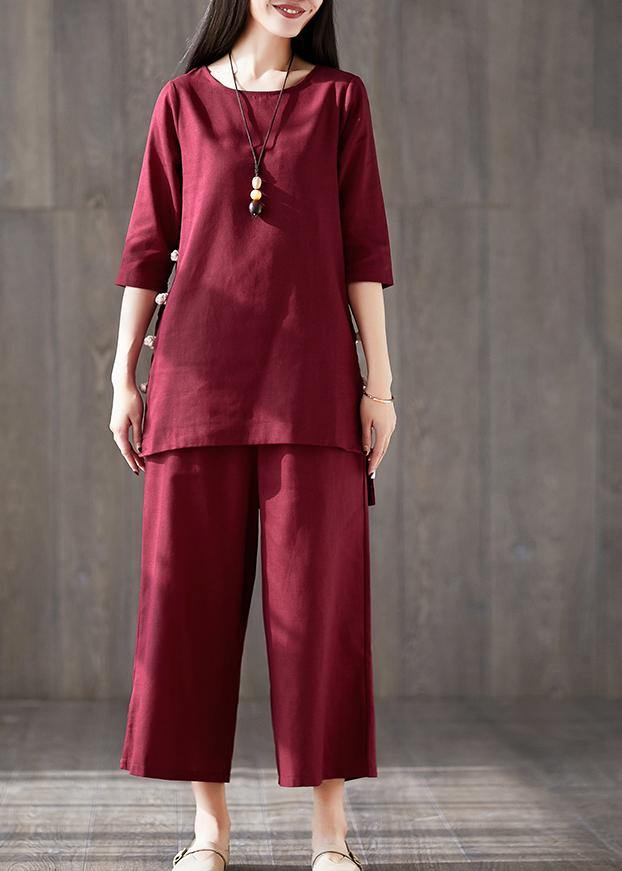 French red cotton clothes For Women Fitted linen wide leg pants two pieces Maxi o neck Chinese Button tops