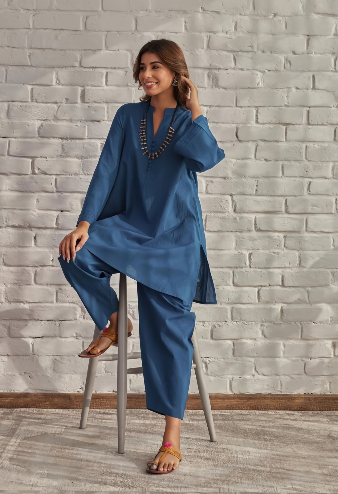 Cotton Tunic and Trouser Set Teal Blue Long Sleeve V-Neck Casual Wear