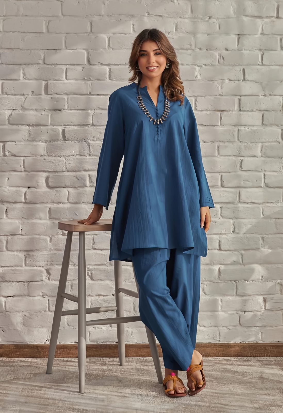 Cotton Tunic and Trouser Set Teal Blue Long Sleeve V-Neck Casual Wear