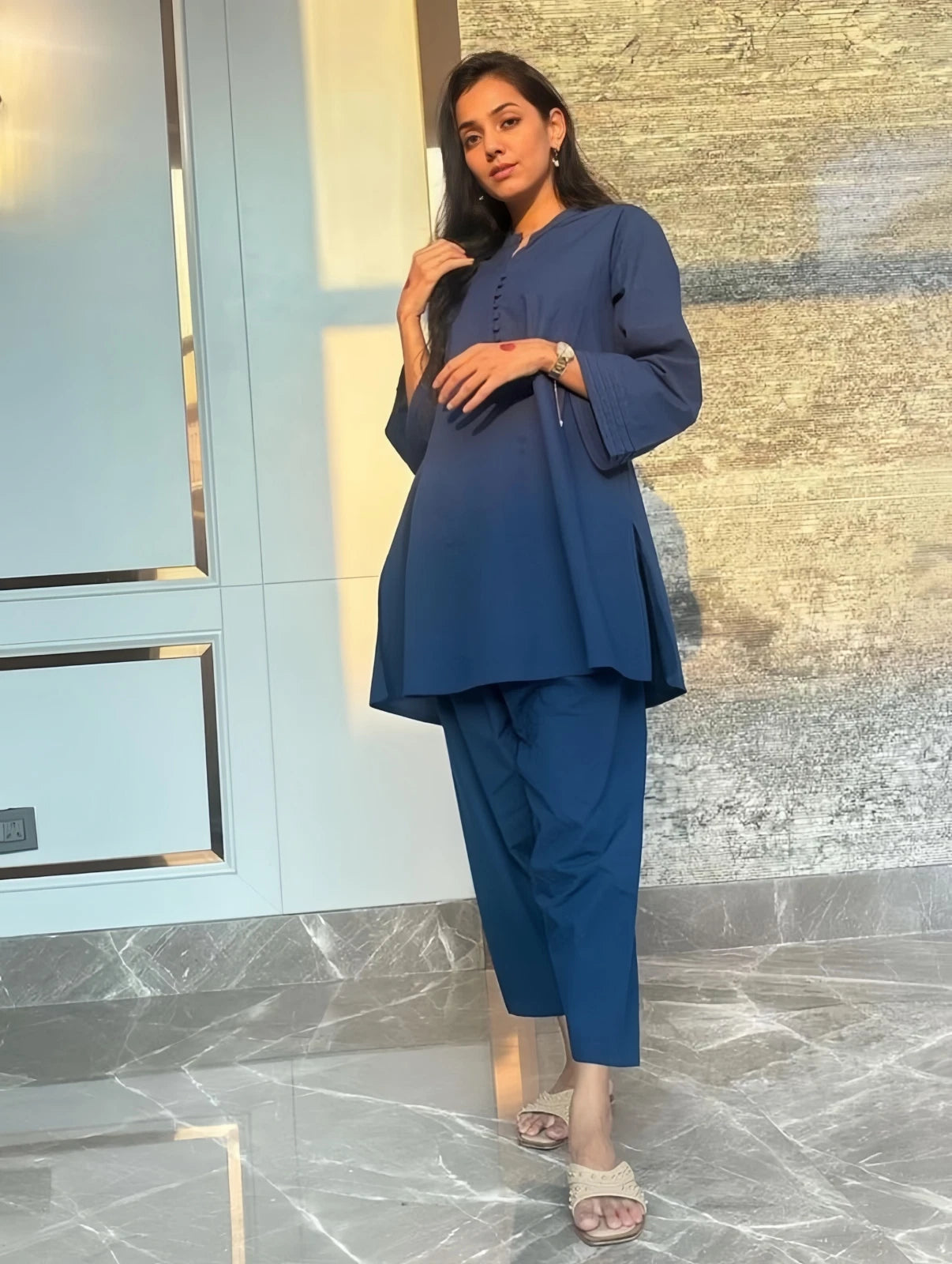 Cotton Tunic and Trouser Set Teal Blue Long Sleeve V-Neck Casual Wear
