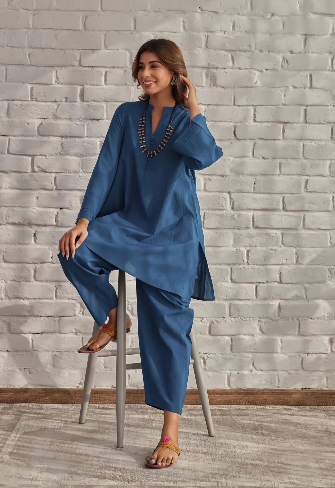 Cotton Tunic and Trouser Set Teal Blue Long Sleeve V-Neck Casual Wear