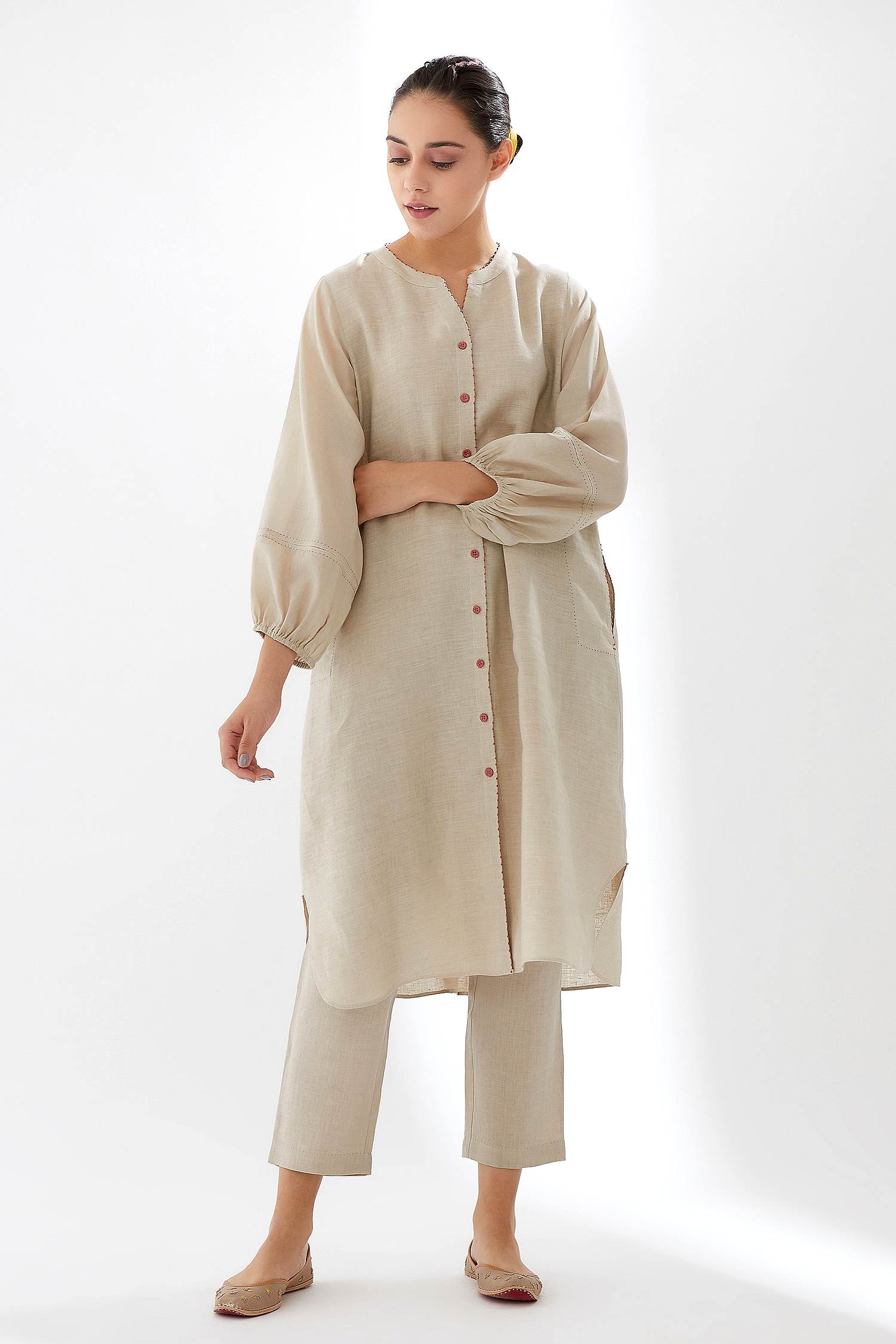 Brih - Beige Linen Kurta And Pant Set