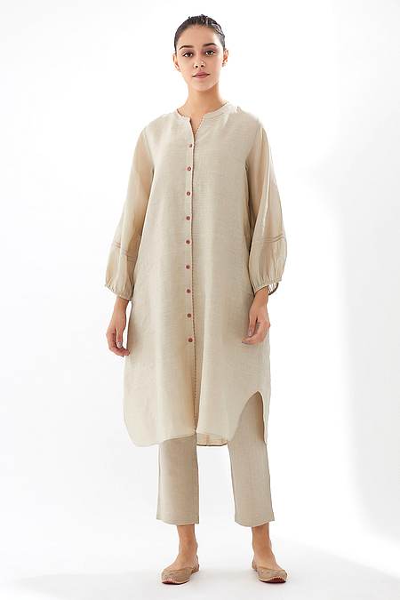Brih - Beige Linen Kurta And Pant Set