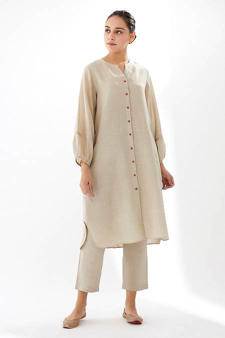 Brih - Beige Linen Kurta And Pant Set
