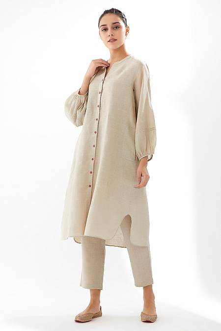 Brih - Beige Linen Kurta And Pant Set